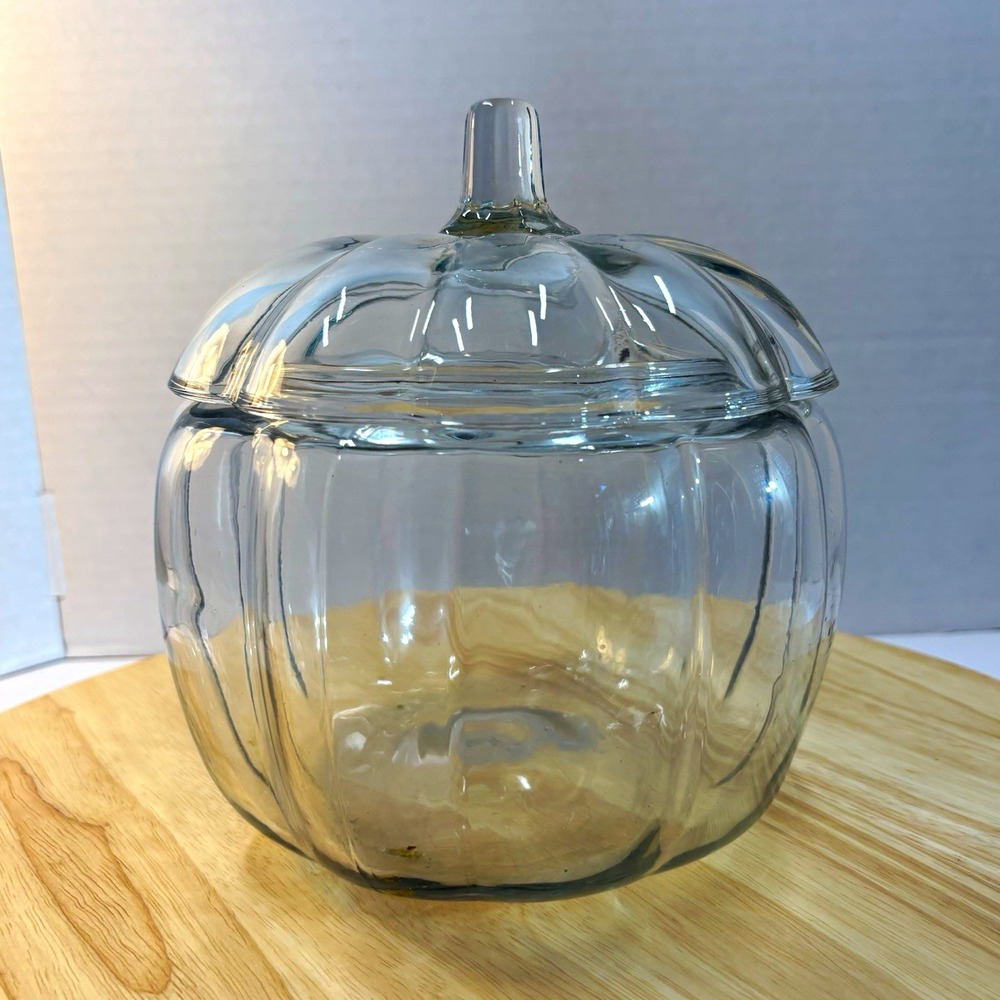 Clear Glass Pumpkin Cookie Jar Canister w/ Lid, 32 oz, 9.5 in Tall